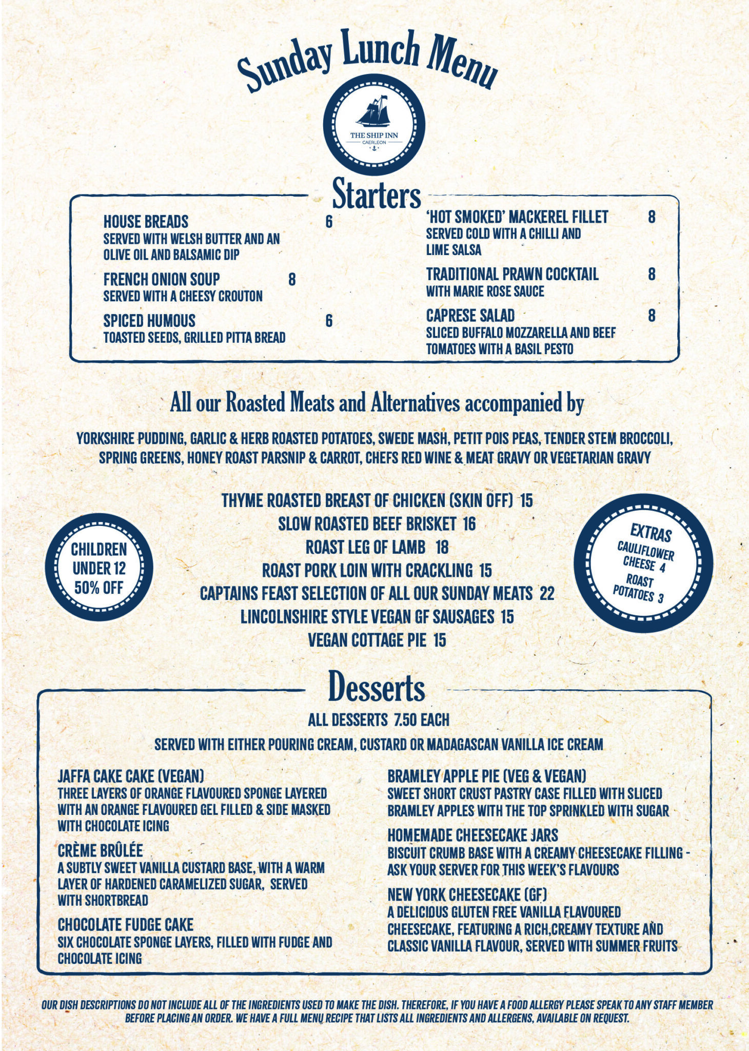 Menu | The Ship Inn Caerleon