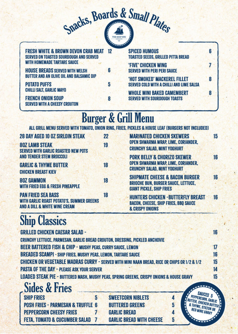 Menu | The Ship Inn Caerleon